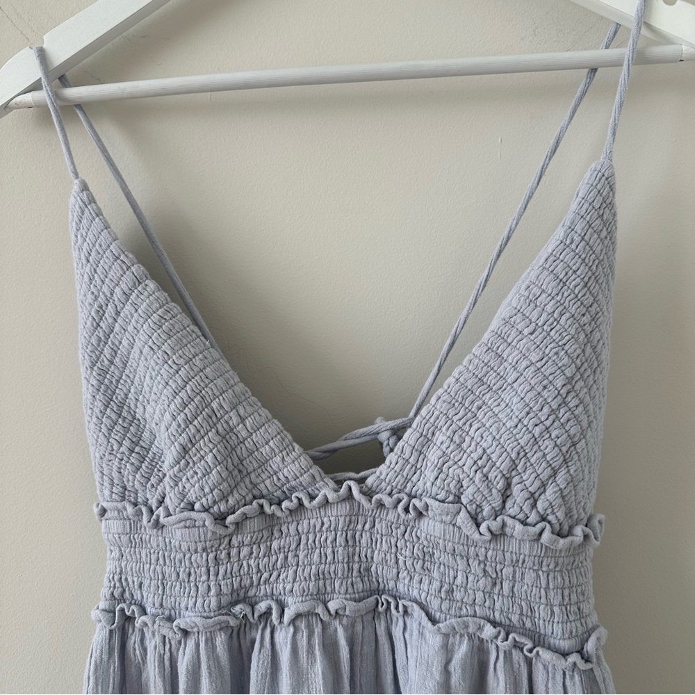 Free People Heat Haze Maxi Dress Triangle Top Smocked Long Cotton Linen Blue L - Picture 8 of 17